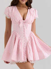Gingham Ruffle Mini Dress with Lace Trim