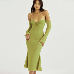 Ladies White Halter Tie One Shoulder Long Sleeve Dress