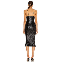 Merina Halter Sequined Fishtail Dress-Black