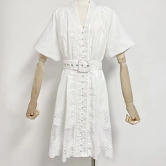 V-neck Puff Sleeve Belt Waist Mini Dress