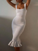 Ribbed Knit Bodycon Midi Dress with Ruffle Hem