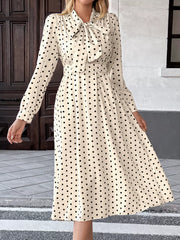 Polka Dot Tie Front Long Sleeve Midi Dress