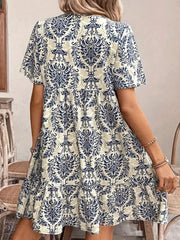 Printed Tie Neck Short Sleeve Mini Dress