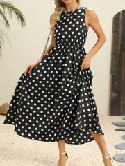 Polka Dot Round Neck Sleeveless Midi Dress