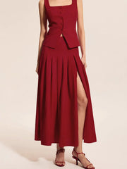 Square Neck Tank and Pleated Slit Skirt Set
