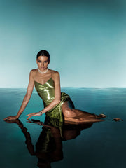 Satin V-neck Side Gathered Dress-Green