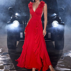 Chiffon Red Backless Elegant Dress