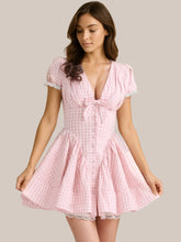 Gingham Ruffle Mini Dress with Lace Trim