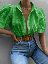 Eyelet Puff Sleeve Button-Up Shirt