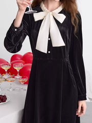 Velvet Bowknot Long Sleeve A-Line Dress