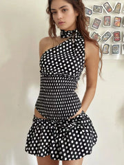 Polka Dot One-Shoulder Top and Mini Skirt Set