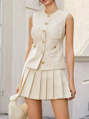 Tweed Button-Front Vest and Pleated Skirt Set