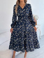 Floral Print Long Sleeve V-Neck Midi Dress