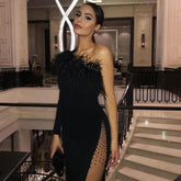 Fur One-shoulder Mesh Dress