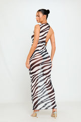 Black Sheer Mesh Zebra Maxi Cutout Dress