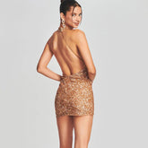 Alyia Halter Sequins Backless Mini Party Dress-Gold