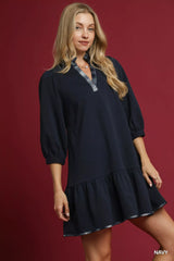 Umgee French Terry Ruffle Hem Dress with Plaid Trim