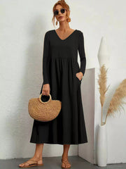 V-Neck Long Sleeve Pocketed Midi Dress