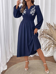 Embroidered Notched Long Sleeve Midi Dress