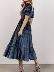 Velvet Smocked Tiered Midi Dress