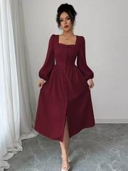Square Neck Button-Front Midi Dress
