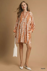 Umgee Leaf Print Notched Mini Babydoll Dress