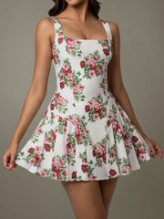 Pleated Floral Print Square Neck Mini Dress