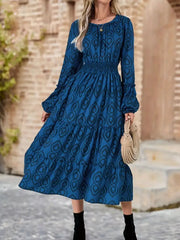 Smocked Round Neck Balloon Sleeve Midi Dress