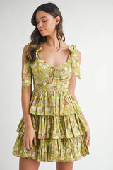 MABLE Floral Print Shoulder Tie Layered Mini Dress