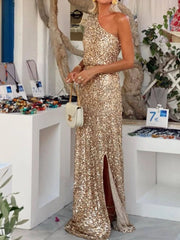 Sequin One-Shoulder Slit Maxi Dress