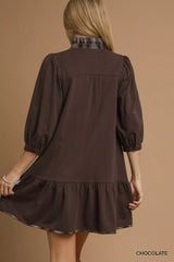 Umgee French Terry Ruffle Hem Dress with Plaid Trim