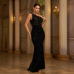 Alana One‑Shoulder Sequined Sheath Slit Maxi Dress