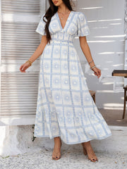 Devine Smocked Printed V-Neck Short Sleeve Maxi Dress