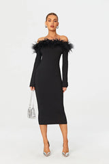 Chic Off-Shoulder Black Feather Midi Dress