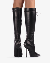 Agnola Lace Up Leather Knee High Boots In Black