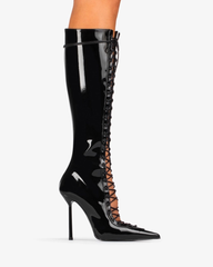 Agnola Lace Up Patnet Leather Knee High Boots In Black