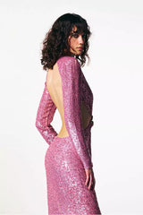 Lesya Round Neck Flower Waist Button Sequin Dress-Pink