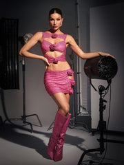 Chic Elegant Flowers Rhinestone Dress-Rose Red