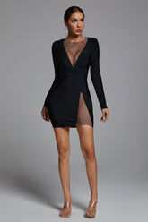 Elite V Neck Mesh Mini Dress Set-Black