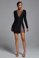 Elite V Neck Mesh Mini Dress Set-Black