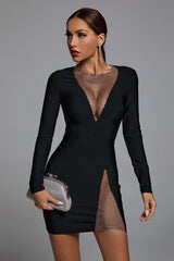 Elite V Neck Mesh Mini Dress Set-Black