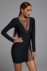 Elite V Neck Mesh Mini Dress Set-Black