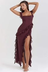 Split Ruffled Square Neck Maxi Dress