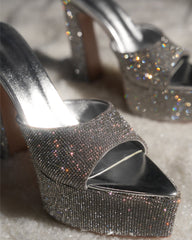Leyla Diamente Sparkle Platform Mules In Silver