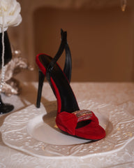 Babe Rhinestone Velvet Slingback Sandals In Red