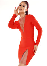 Elite V Neck Mesh Mini Dress Set-Red