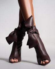 Edik Tie Up Bow Open Toe Boots In Brown