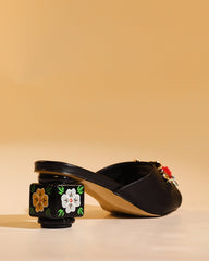 Elfa Golden Flower Embellished Cubic Heel Mules