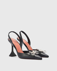 Fedora Crystal Bow Satin Slingback Flared Heels In Black