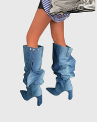 Floriana Ruched Cowboy Knee High Boots In Blue